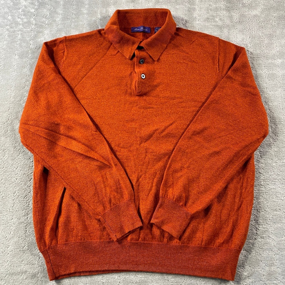 Alan Flusser Polo Sweater Mens Large Burnt Orange Merino Wool Office Preppy